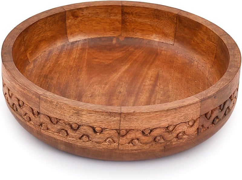 EDHAS Mango Wood Decorative Round Carved Bowl for Decoration, Centerpiece Bowl for Table (10" x 10" x 2.5") - Image 1